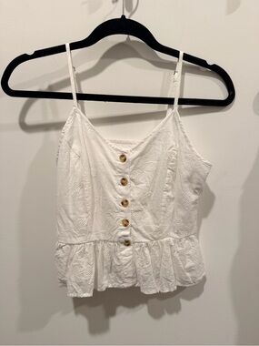 White Embroidered Peplum Button-Front Tank